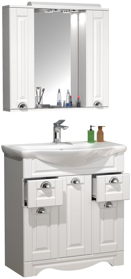 VCM NORDIC Casalo XL 3-teiliger Waschtisch, mit Spiegelschrank, Waschbecken, 5 Türen, 2 Schubladen - Melamin weiß