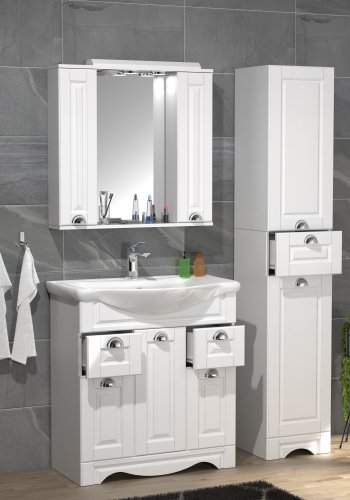 VCM NORDIC Casalo XL 4-teilig Waschbecken, m. Spiegelschrank, Waschtisch, 2 Schränke - Melamin weiß