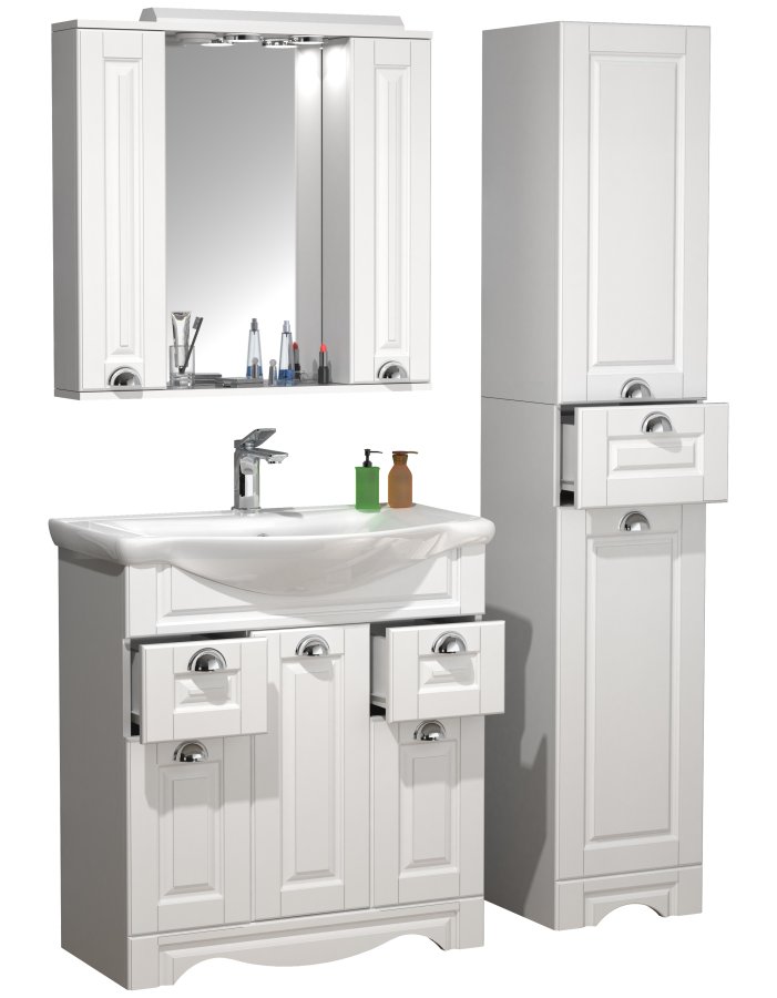 VCM NORDIC Casalo XL 4-teilig Waschbecken, m. Spiegelschrank, Waschtisch, 2 Schränke - Melamin weiß