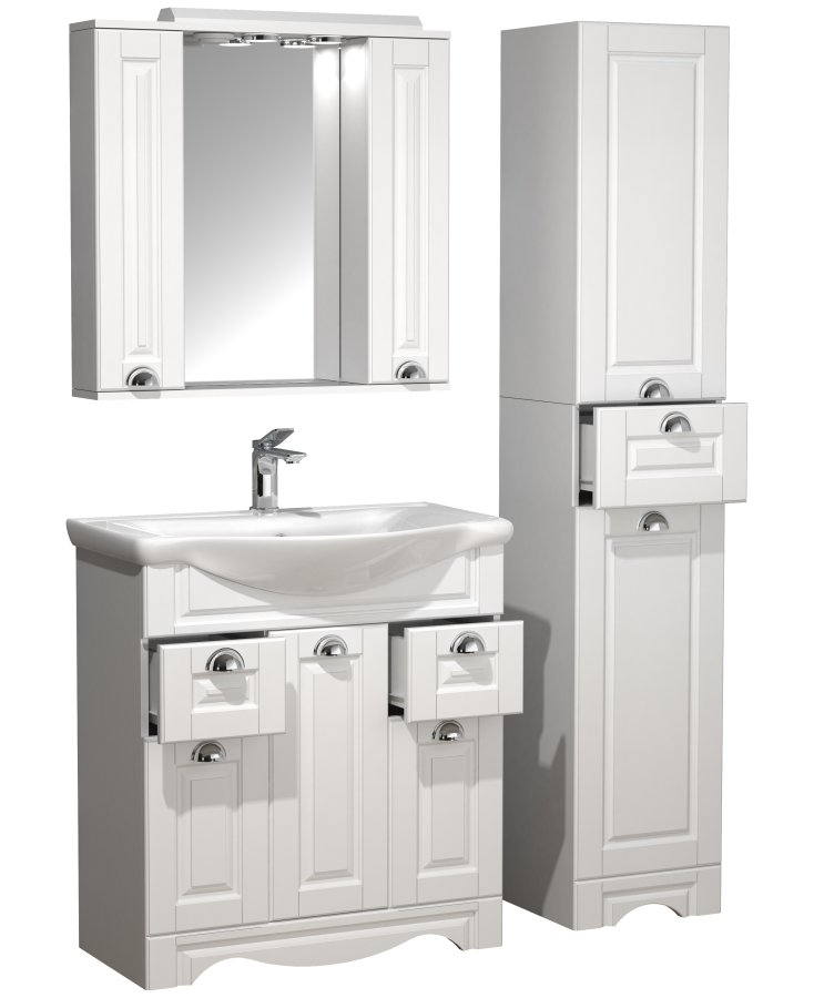 VCM NORDIC Casalo XL 4-teilig Waschbecken, m. Spiegelschrank, Waschtisch, 2 Schränke - Melamin weiß