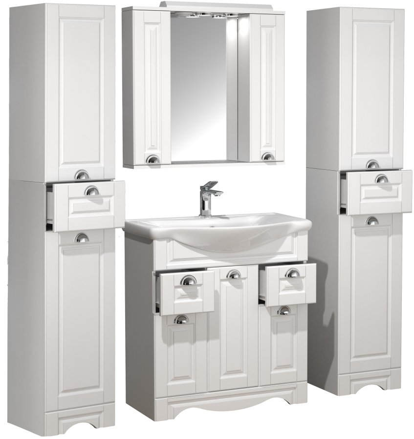 VCM NORDIC Casalo XL 5-teilig Waschbecken, mit Spiegelschrank, Waschtisch, 3 Unterschränke - Melamin weiß