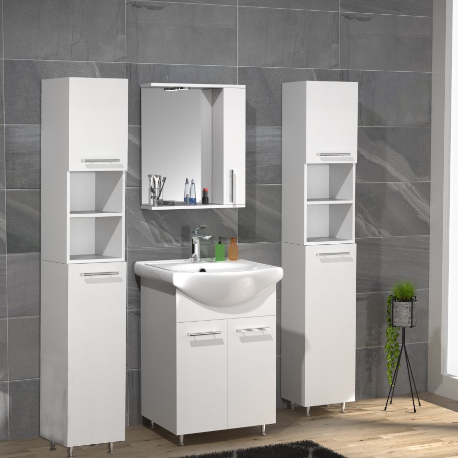 VCM NORDIC Silora L 5-delt servant, m. speilskap, vask, 3 skap - hvit melamin