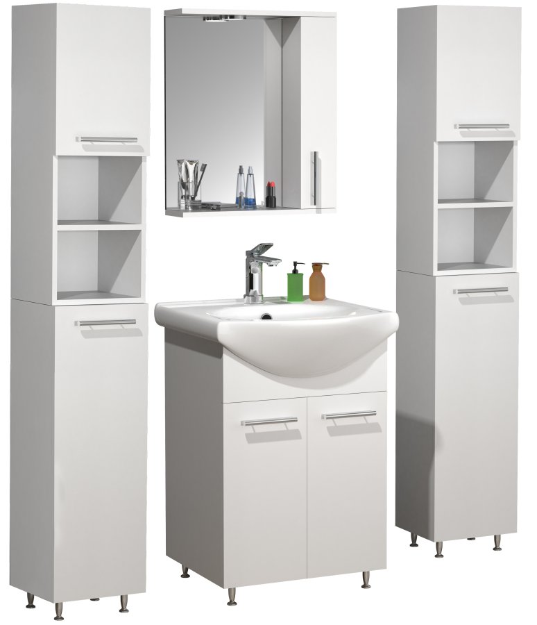 VCM NORDIC Silora XL 5-delt servant, m. speilskap, vask, 3 skap - hvit melamin