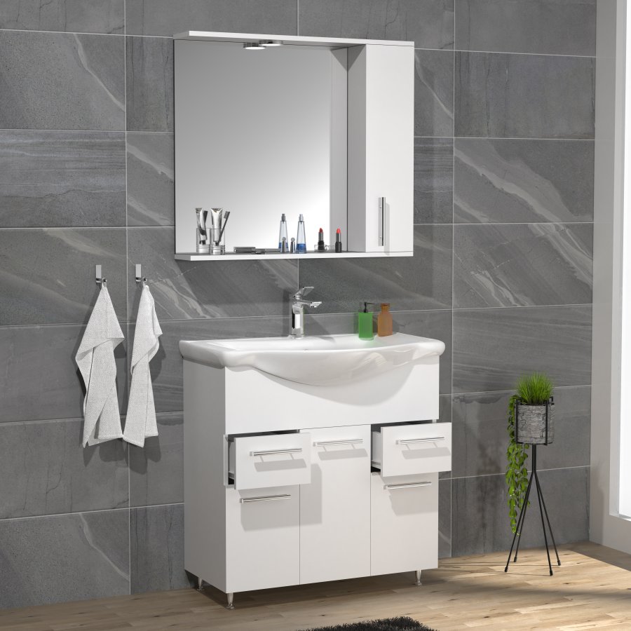 VCM NORDIC Lisalo XL 3-delt vask, m. speilskap, keramisk vask, 4 drer - hvit melamin