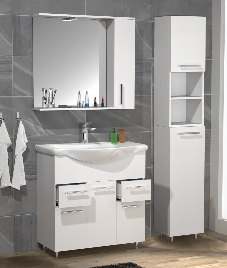 VCM NORDIC Lisalo XL 4-delt servant, m. speilskap, vask, 2 skap - hvit melamin