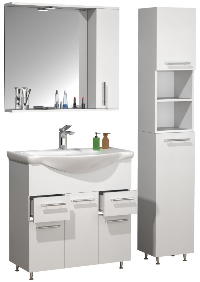 VCM NORDIC Lisalo XL 4-delt servant, m. speilskap, vask, 2 skap - hvit melamin