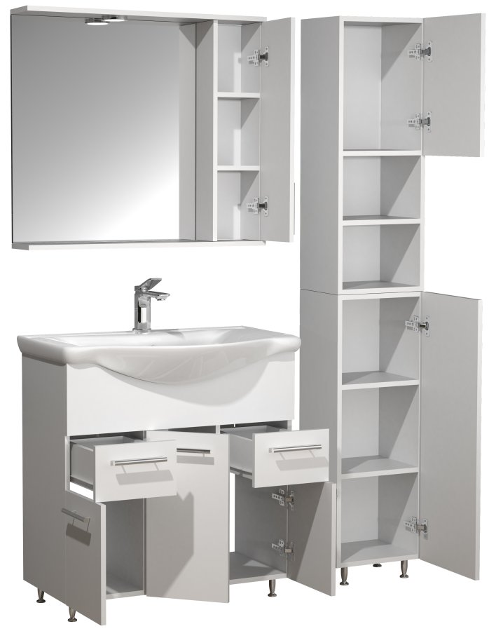 VCM NORDIC Lisalo XL 4-delt servant, m. speilskap, vask, 2 skap - hvit melamin