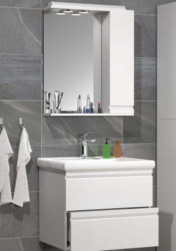 VCM NORDIC  Silora L 3-teilige Spüle, m. Spiegelschrank, Keramikwaschbecken, 2 Schubladen - Melamin weiß