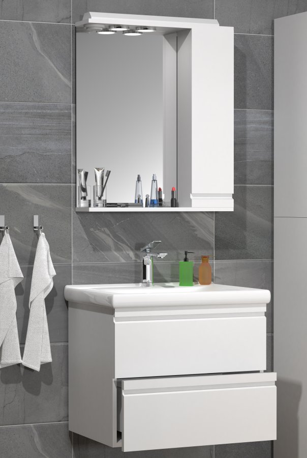 VCM NORDIC  Silora L 3-teilige Spüle, m. Spiegelschrank, Keramikwaschbecken, 2 Schubladen - Melamin weiß