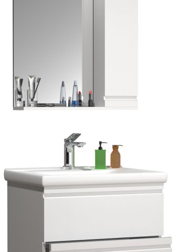 VCM NORDIC  Silora L 3-teilige Spüle, m. Spiegelschrank, Keramikwaschbecken, 2 Schubladen - Melamin weiß