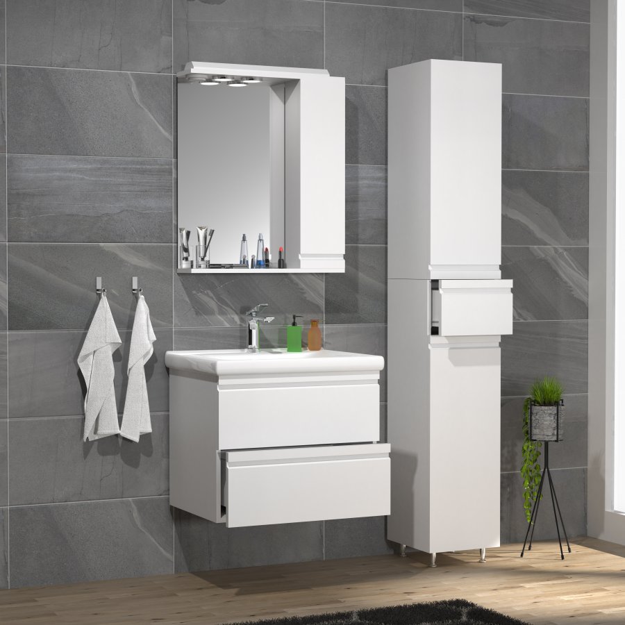 VCM NORDIC Silora L 4-delt servant, m. speilskap, vask, 2 skap - hvit melamin