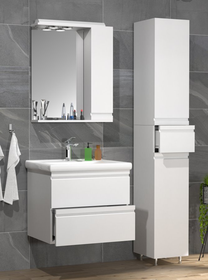 VCM NORDIC Silora L 4-delt servant, m. speilskap, vask, 2 skap - hvit melamin