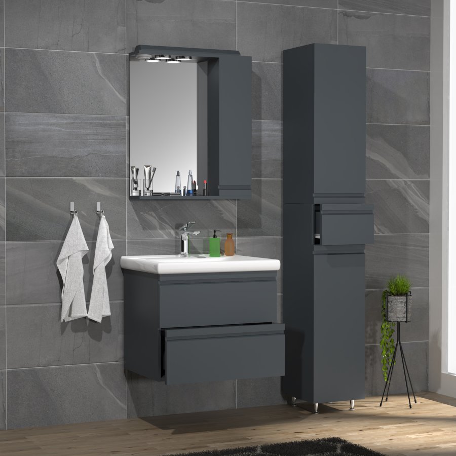 VCM NORDIC Silora L 4-delt servant, m. speilskap, vask, 2 skap - antrasittgr melamin