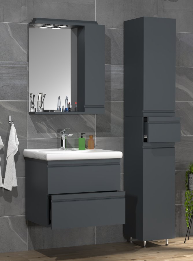 VCM NORDIC Silora L 4-delt servant, m. speilskap, vask, 2 skap - antrasittgr melamin