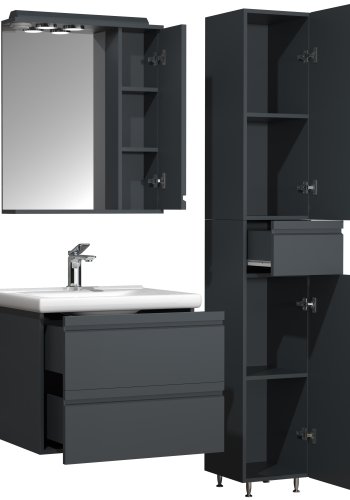 VCM NORDIC Silora L 4-delt servant, m. speilskap, vask, 2 skap - antrasittgr melamin