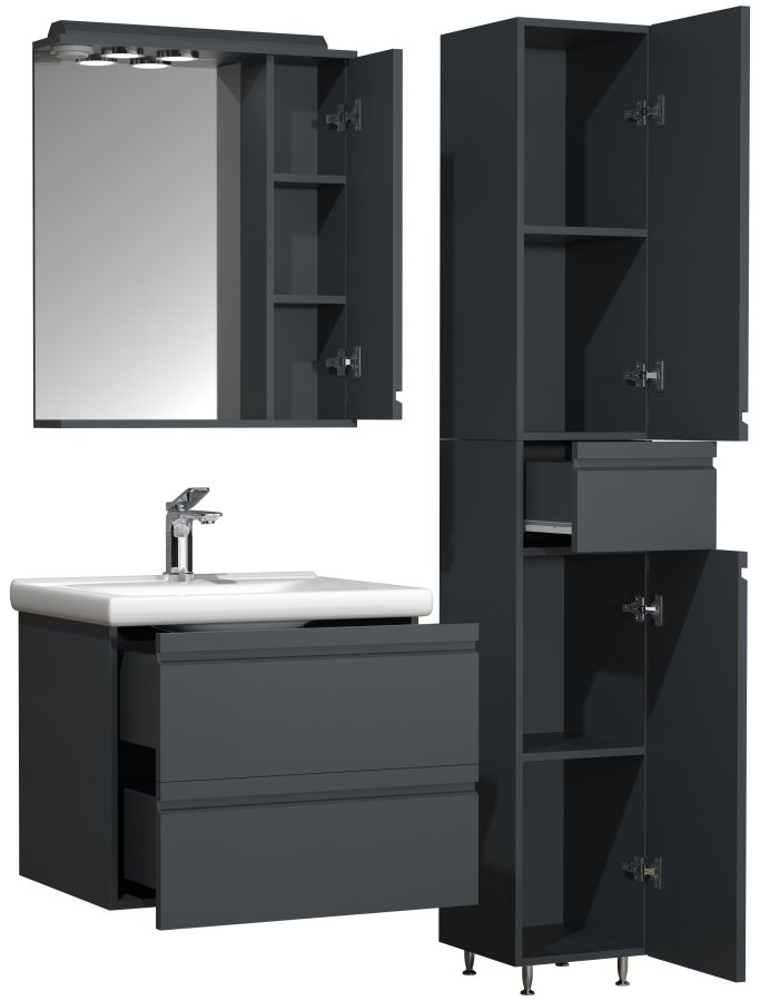 VCM NORDIC Silora L 4-delt servant, m. speilskap, vask, 2 skap - antrasittgr melamin