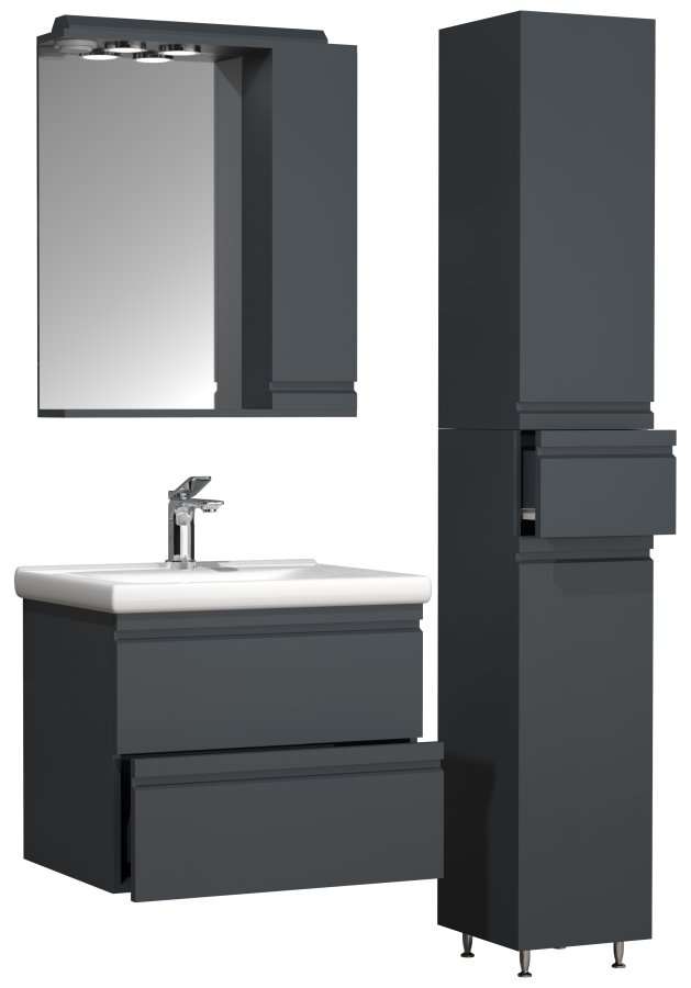 VCM NORDIC Silora L 4-delt servant, m. speilskap, vask, 2 skap - antrasittgr melamin