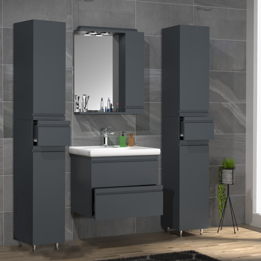VCM NORDIC Silora L 5-delt servant, m. speilskap, vask, 3 skap - antrasittgr melamin