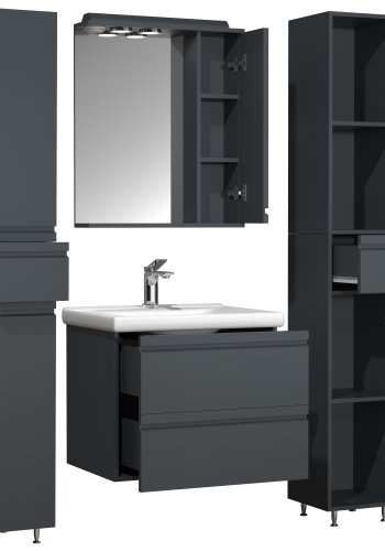VCM NORDIC Silora L 5-delt servant, m. speilskap, vask, 3 skap - antrasittgr melamin