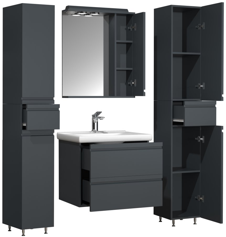 VCM NORDIC Silora L 5-delt servant, m. speilskap, vask, 3 skap - antrasittgr melamin