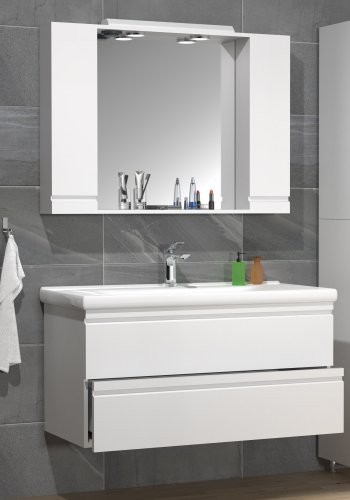 VCM NORDIC Silora XL 3-teiliger Waschtisch, mit Spiegelschrank, Keramikwaschbecken, 2 Schubladen – Melamin weiß