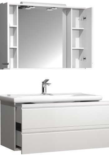 VCM NORDIC Silora XL 3-teiliger Waschtisch, mit Spiegelschrank, Keramikwaschbecken, 2 Schubladen – Melamin weiß