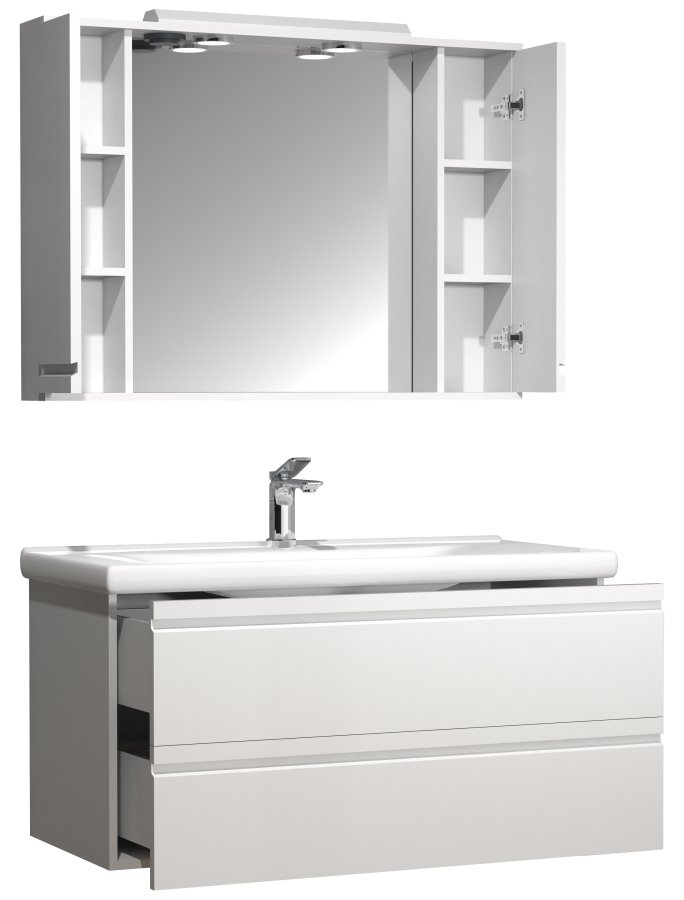 VCM NORDIC Silora XL 3-teiliger Waschtisch, mit Spiegelschrank, Keramikwaschbecken, 2 Schubladen – Melamin weiß