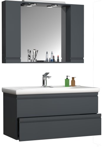VCM NORDIC Silora XL 3-delt servant, m. speilskap, vask, 2 skuffer - antrasittgr melamin