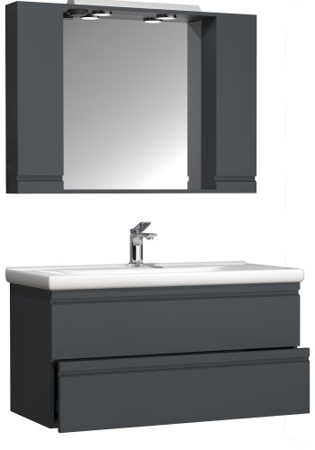 VCM NORDIC Silora XL 3-delt servant, m. speilskap, vask, 2 skuffer - antrasittgr melamin