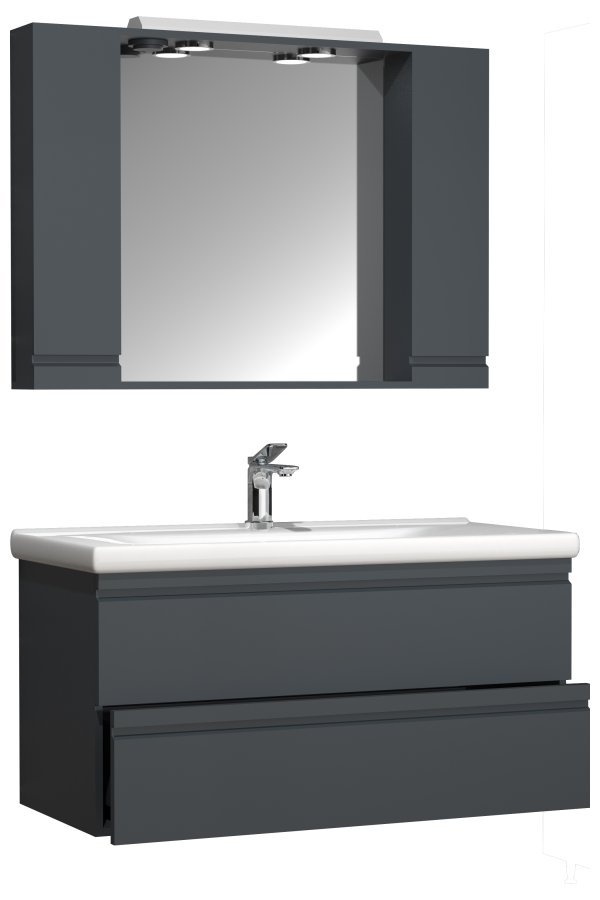 VCM NORDIC Silora XL 3-delt servant, m. speilskap, vask, 2 skuffer - antrasittgr melamin