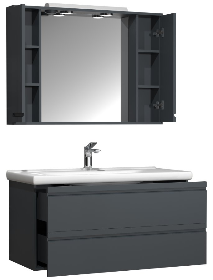 VCM NORDIC Silora XL 3-delt servant, m. speilskap, vask, 2 skuffer - antrasittgr melamin