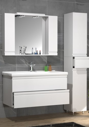 VCM NORDIC Silora XL 4-delt servant, m. speilskap, vask, 2 skap - hvit melamin