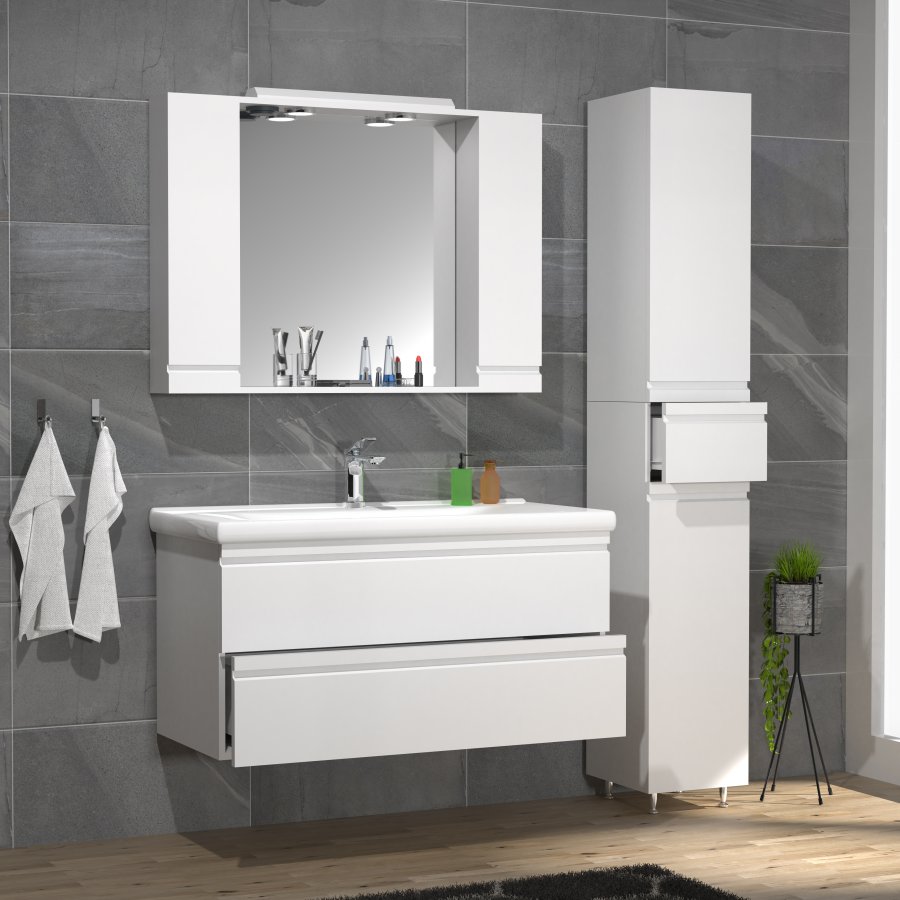 VCM NORDIC Silora XL 4-delt servant, m. speilskap, vask, 2 skap - hvit melamin