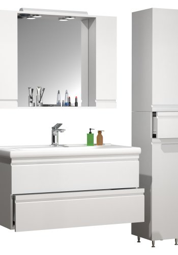 VCM NORDIC Silora XL 4-delt servant, m. speilskap, vask, 2 skap - hvit melamin