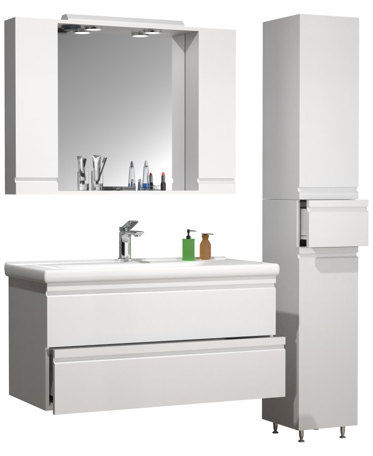 VCM NORDIC Silora XL 4-delt servant, m. speilskap, vask, 2 skap - hvit melamin