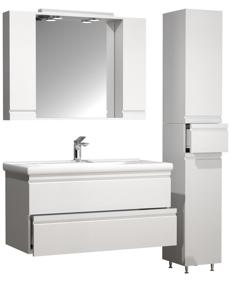 VCM NORDIC Silora XL 4-delt servant, m. speilskap, vask, 2 skap - hvit melamin