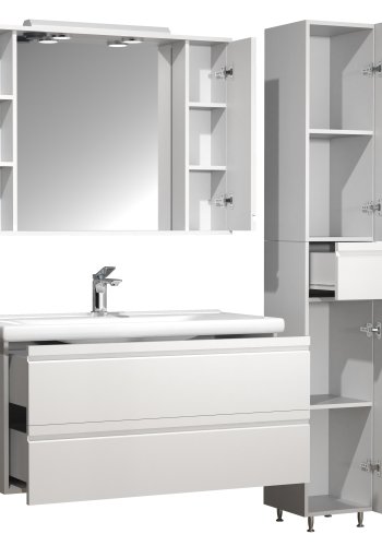 VCM NORDIC Silora XL 4-delt servant, m. speilskap, vask, 2 skap - hvit melamin