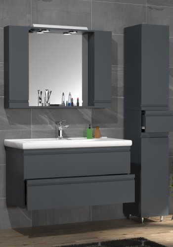 VCM NORDIC Silora XL 4-delt servant, m. speilskap, vask, 2 skap - antrasittgr melamin