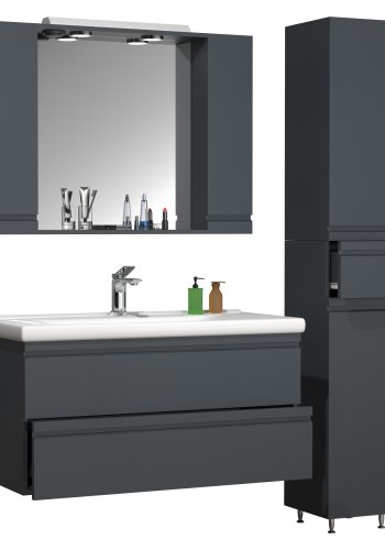 VCM NORDIC Silora XL 4-delt servant, m. speilskap, vask, 2 skap - antrasittgr melamin