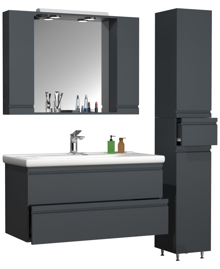 VCM NORDIC Silora XL 4-delt servant, m. speilskap, vask, 2 skap - antrasittgr melamin