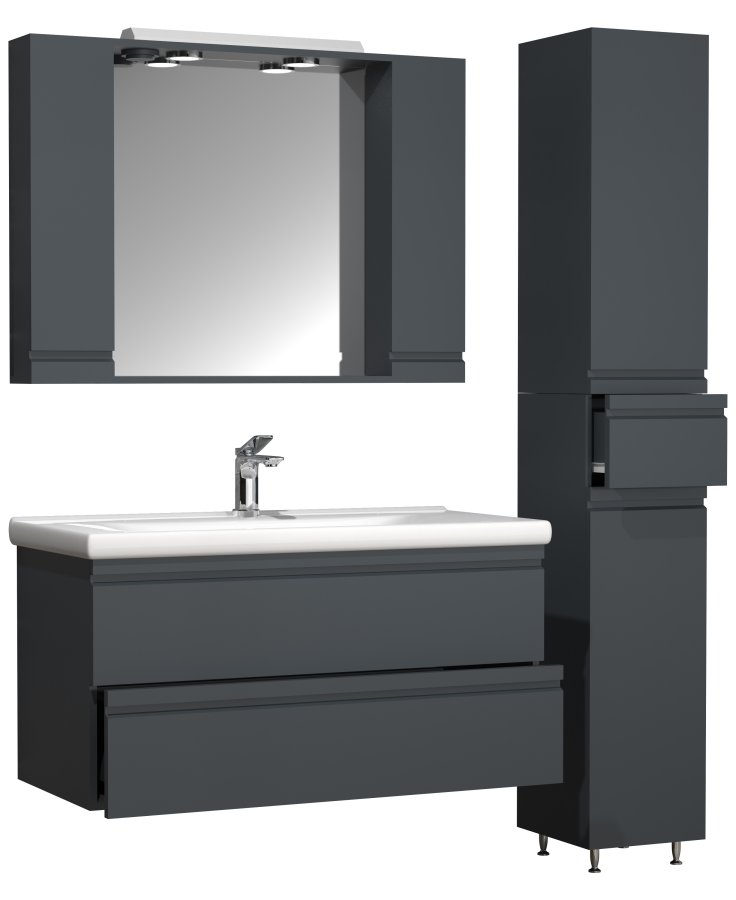VCM NORDIC Silora XL 4-delt servant, m. speilskap, vask, 2 skap - antrasittgr melamin