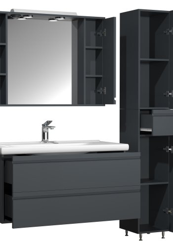 VCM NORDIC Silora XL 4-delt servant, m. speilskap, vask, 2 skap - antrasittgr melamin