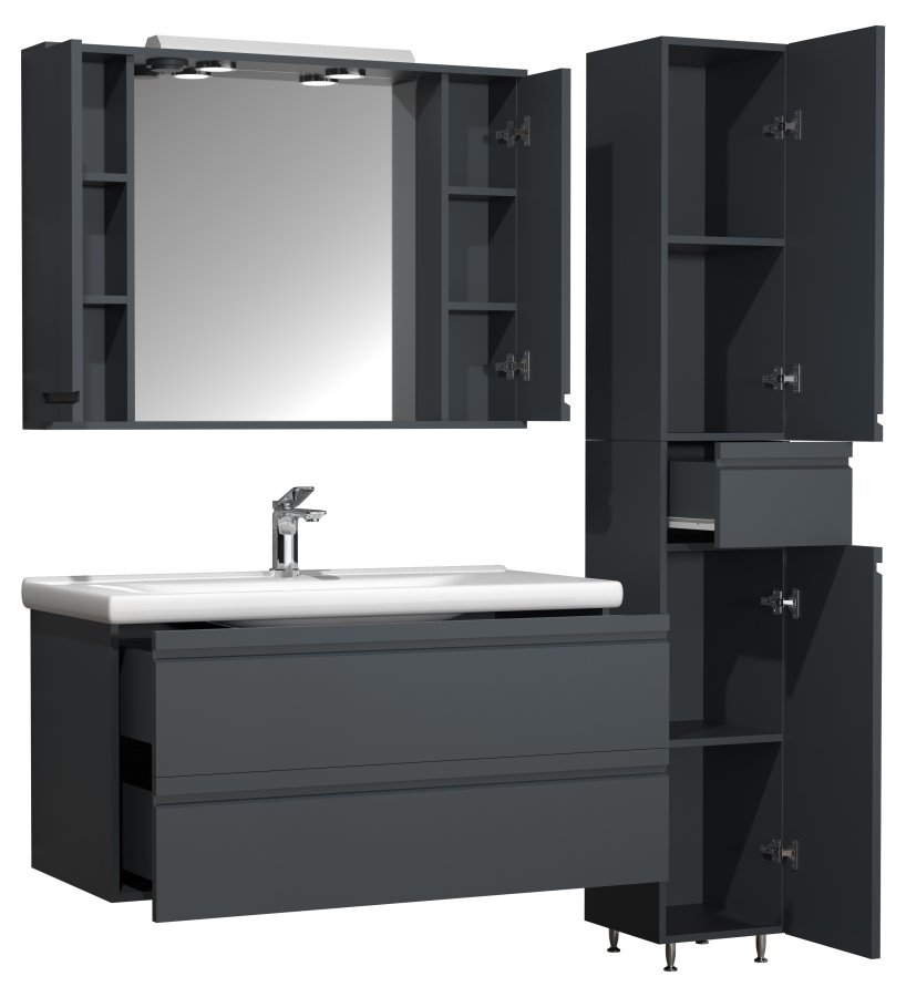VCM NORDIC Silora XL 4-delt servant, m. speilskap, vask, 2 skap - antrasittgr melamin