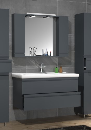 VCM NORDIC Silora XL 5-delt servant, m. speilskap, vask, 3 skap - antrasittgr melamin