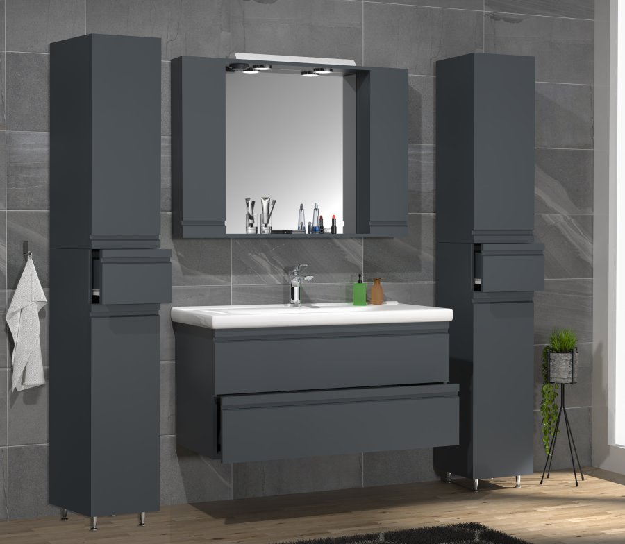 VCM NORDIC Silora XL 5-delt servant, m. speilskap, vask, 3 skap - antrasittgr melamin