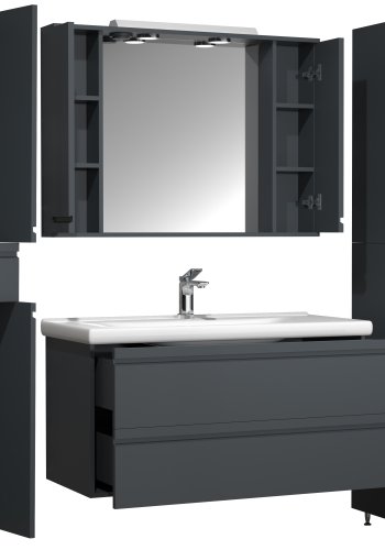 VCM NORDIC Silora XL 5-delt servant, m. speilskap, vask, 3 skap - antrasittgr melamin
