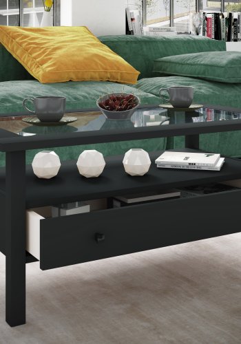 VCM NORDIC Lingis L Couchtisch, m. 1 Schublade - Glas und schwarzes Holz (90x53,5)