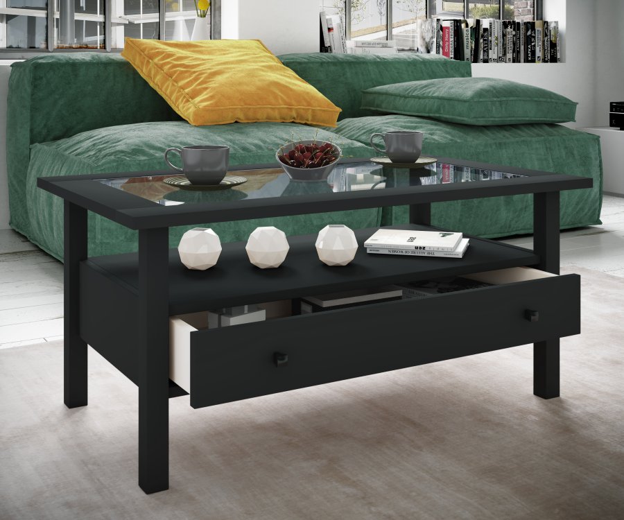 VCM NORDIC Lingis L Couchtisch, m. 1 Schublade - Glas und schwarzes Holz (90x53,5)