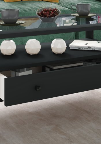 VCM NORDIC Lingis L Couchtisch, m. 1 Schublade - Glas und schwarzes Holz (90x53,5)