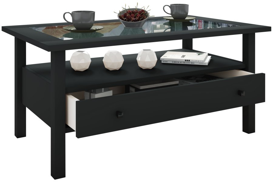 VCM NORDIC Lingis L Couchtisch, m. 1 Schublade - Glas und schwarzes Holz (90x53,5)